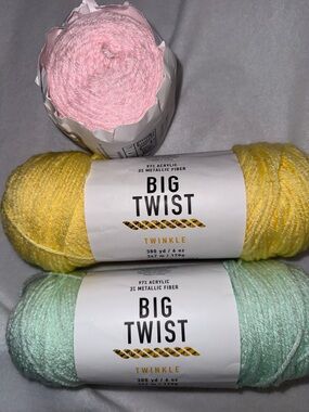 3- Skeins Big Twist Twinkle Yarn Skeins - Yellow, Mint & Pink